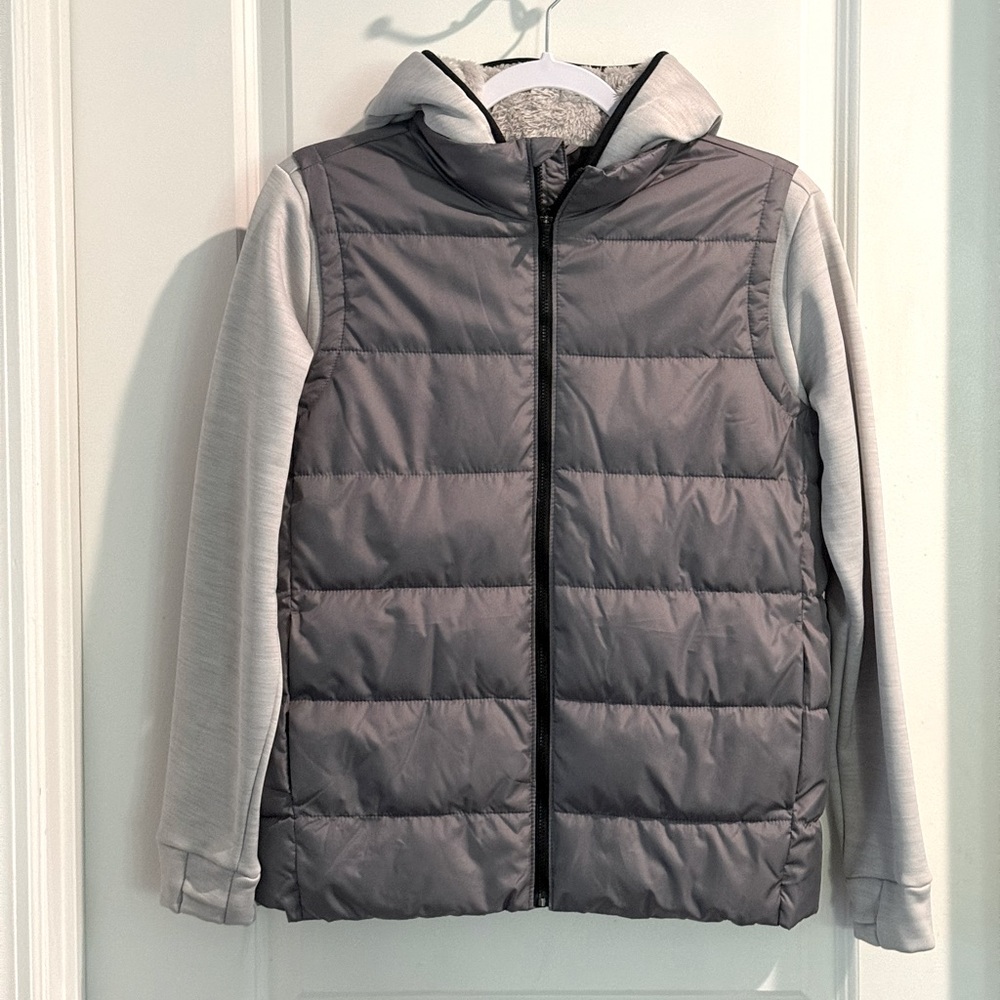 Gray Puffer Jacket with Hood and Quilted Design